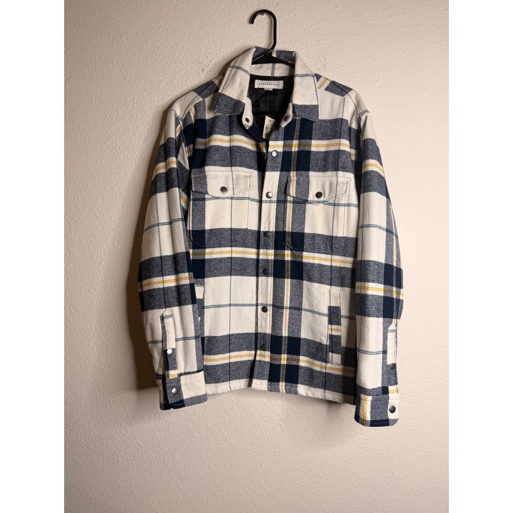Aeropostale Flannel Shirt Jacket Mens Shacket Plaid Small NWT White Navy New